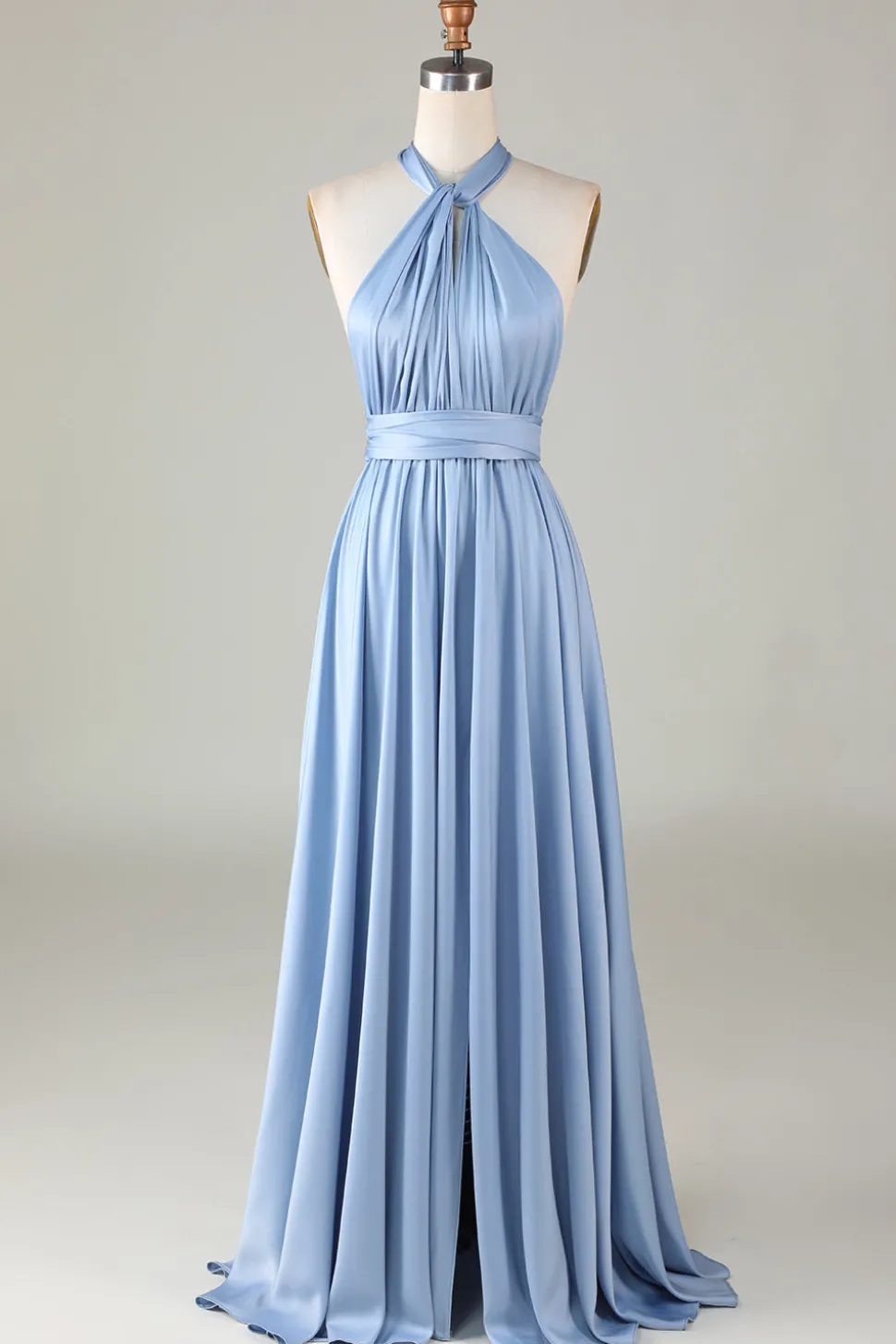 Convertible Blue Satin Bridesmaid Dress with Slit