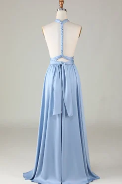 Convertible Blue Satin Bridesmaid Dress with Slit