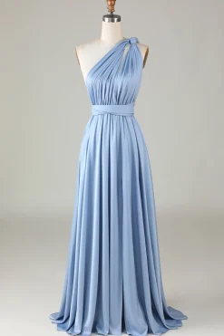 Convertible Blue Satin Bridesmaid Dress with Slit