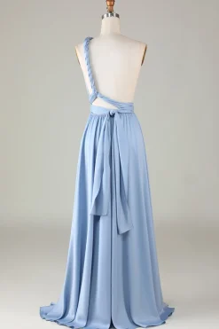 Convertible Blue Satin Bridesmaid Dress with Slit