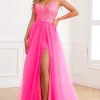Convertible Spaghetti Straps Fuchsia Prom Dress with Slit