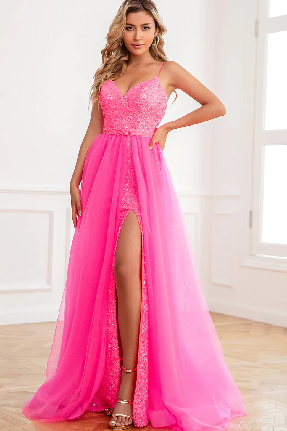 Convertible Spaghetti Straps Fuchsia Prom Dress with Slit