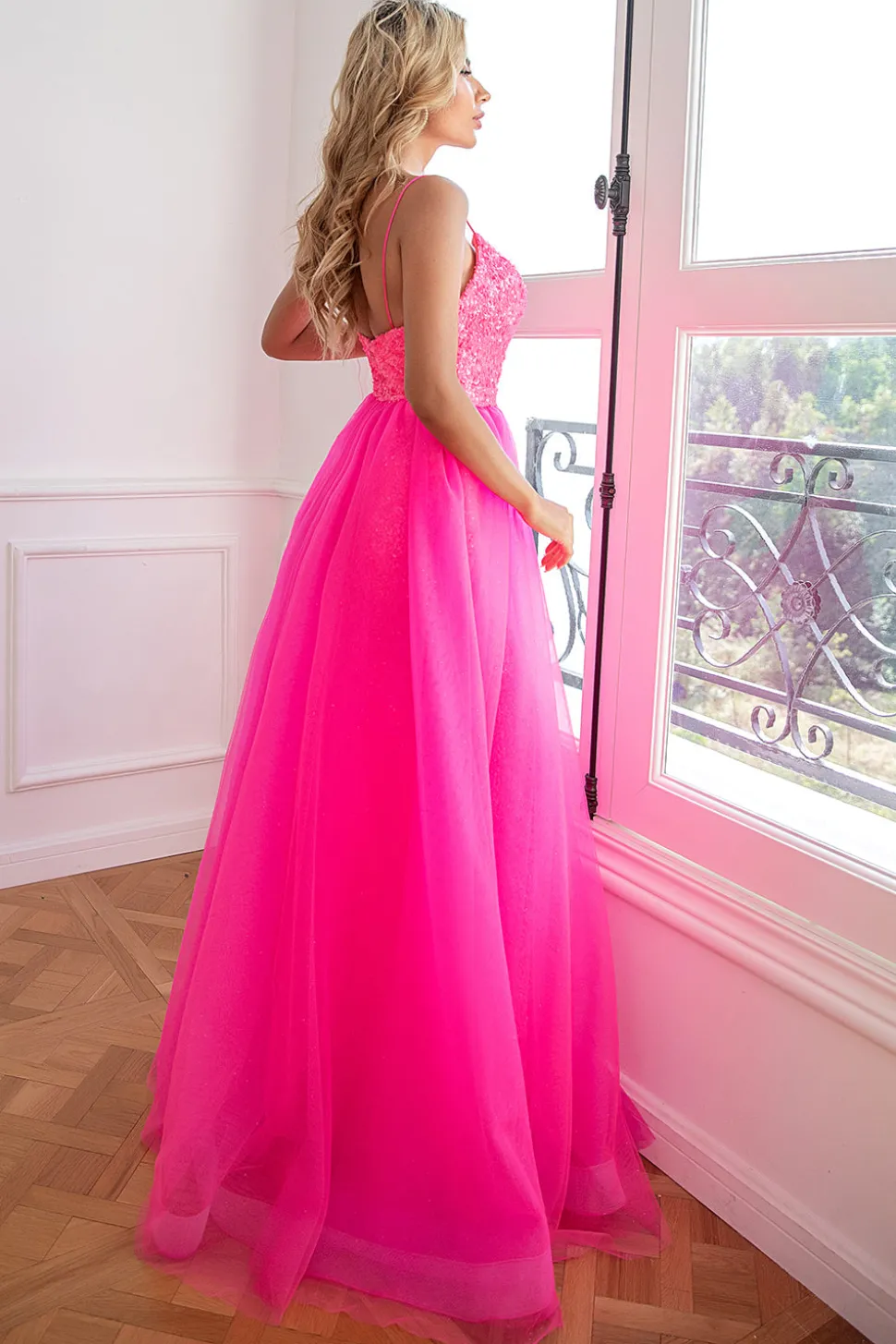 Convertible Spaghetti Straps Fuchsia Prom Dress with Slit