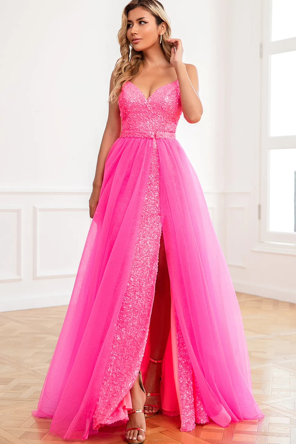 Convertible Spaghetti Straps Fuchsia Prom Dress with Slit