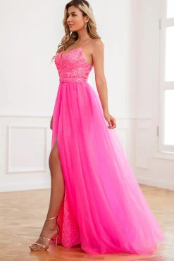 Convertible Spaghetti Straps Fuchsia Prom Dress with Slit