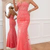 Coral Tulle Mermaid Prom Dress with Applique