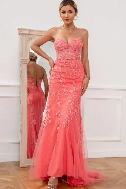 Coral Tulle Mermaid Prom Dress with Applique