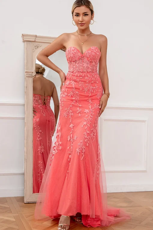 Coral Tulle Mermaid Prom Dress with Applique