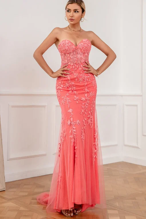 Coral Tulle Mermaid Prom Dress with Applique