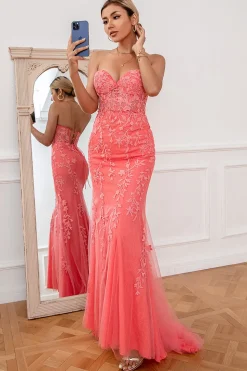 Coral Tulle Mermaid Prom Dress with Applique