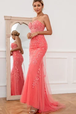 Coral Tulle Mermaid Prom Dress with Applique