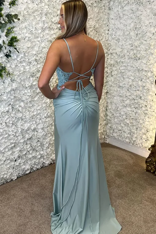 Corset Appliques Sky Blue Mermaid Spaghetti Straps Prom Dress