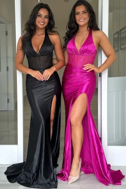 Corset Black Mermaid Halter Neck Prom Dress with Slit
