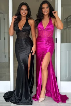 Corset Black Mermaid Halter Neck Prom Dress with Slit