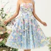 Cute A Line Spaghetti Straps Blue Tea Length Prom Dress with 3D Flowers