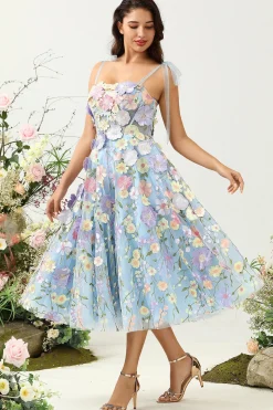 Cute A Line Spaghetti Straps Blue Tea Length Prom Dress with 3D Flowers