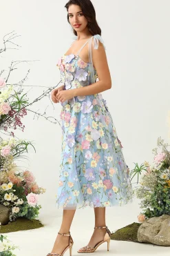 Cute A Line Spaghetti Straps Blue Tea Length Prom Dress with 3D Flowers