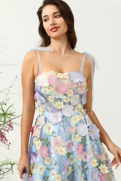 Cute A Line Spaghetti Straps Blue Tea Length Prom Dress with 3D Flowers