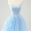 Cute Glitter Blue A Line Sequins Short Homecoming Dress with Appliques