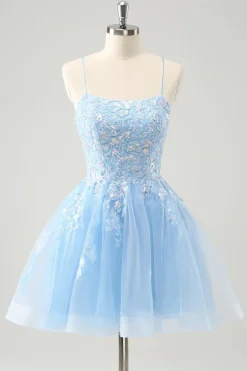 Cute Glitter Blue A Line Sequins Short Homecoming Dress with Appliques