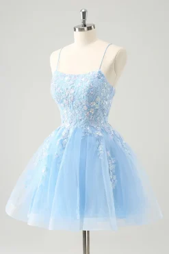 Cute Glitter Blue A Line Sequins Short Homecoming Dress with Appliques