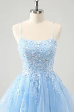Cute Glitter Blue A Line Sequins Short Homecoming Dress with Appliques