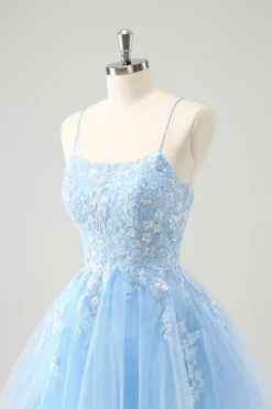 Cute Glitter Blue A Line Sequins Short Homecoming Dress with Appliques