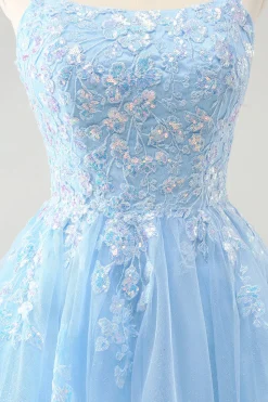 Cute Glitter Blue A Line Sequins Short Homecoming Dress with Appliques