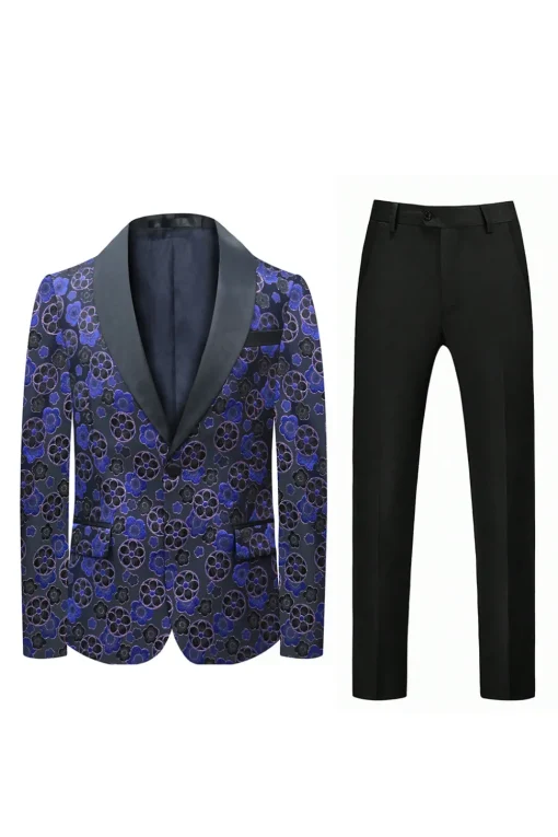 Dark Blue Floral Printed Shawl Lapel 2 Pieces Men Suits