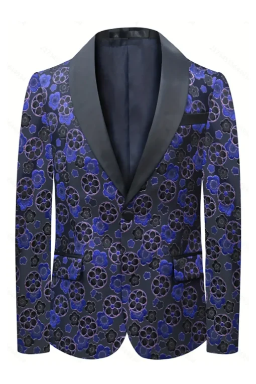 Dark Blue Floral Printed Shawl Lapel 2 Pieces Men Suits