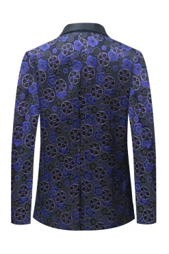 Dark Blue Floral Printed Shawl Lapel 2 Pieces Men Suits