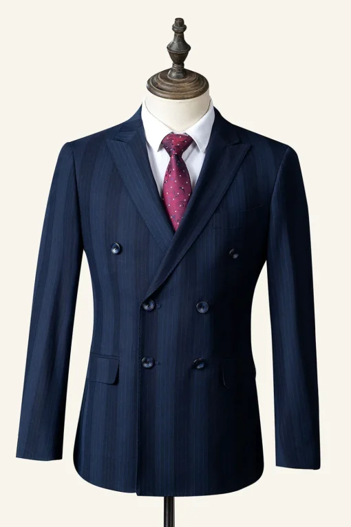 Dark Blue Pinstripe 3-Piece Double-Breasted Men's Suit