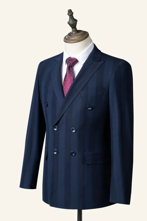 Dark Blue Pinstripe 3-Piece Double-Breasted Men's Suit