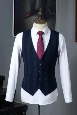 Dark Blue Pinstripe 3-Piece Double-Breasted Men's Suit