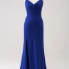 Dark Blue Sparkly Twist Front Mermaid Wedding Guest Dress with Slit