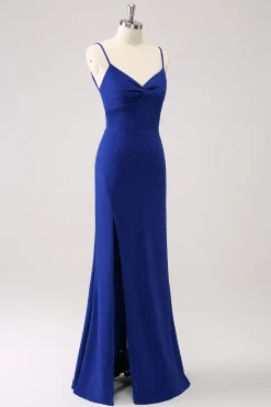 Dark Blue Sparkly Twist Front Mermaid Wedding Guest Dress with Slit