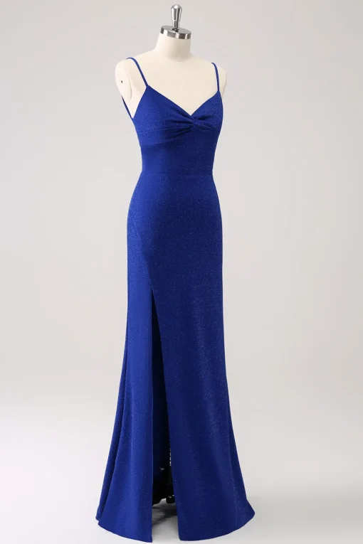 Dark Blue Sparkly Twist Front Mermaid Wedding Guest Dress with Slit
