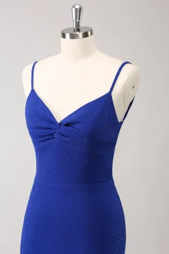 Dark Blue Sparkly Twist Front Mermaid Wedding Guest Dress with Slit