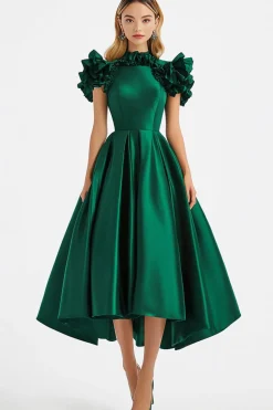 Dark Green A Line Off The Shouler with Ruffles Formal Dress