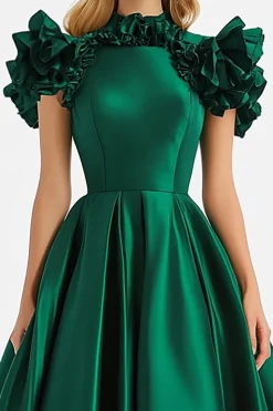 Dark Green A Line Off The Shouler with Ruffles Formal Dress