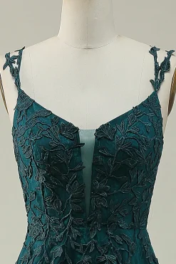 Dark Green A Line Tulle Appliques Prom Dress with Slit