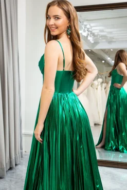 Dark Green A-line Spaghetti Straps Corset Prom Dress with Slit