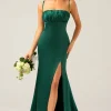 Dark Green Mermaid Spaghetti Straps Satin Long Bridesmaid Dress with Pleated