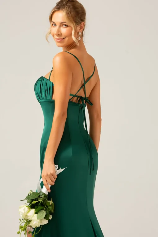 Dark Green Mermaid Spaghetti Straps Satin Long Bridesmaid Dress with Pleated