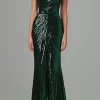 Dark Green Mermaid V-Neck Sequins Pleated Formal Dress