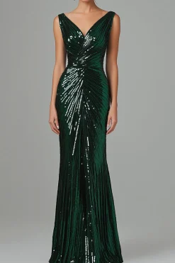 Dark Green Mermaid V-Neck Sequins Pleated Formal Dress
