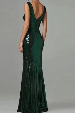 Dark Green Mermaid V-Neck Sequins Pleated Formal Dress