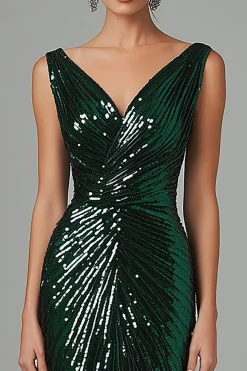 Dark Green Mermaid V-Neck Sequins Pleated Formal Dress