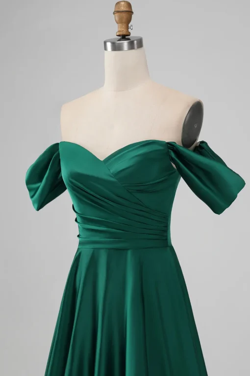 Dark Green Off the Shoulder Satin Bridesmaid Dress with Pleated