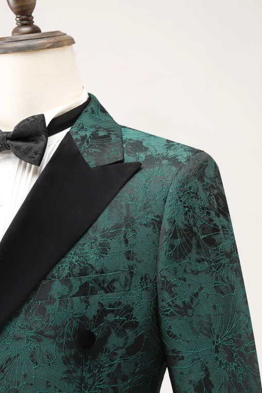 Dark Green Peak Lapel Double Breasted 2 Piece Jacquard Men's Prom Suits